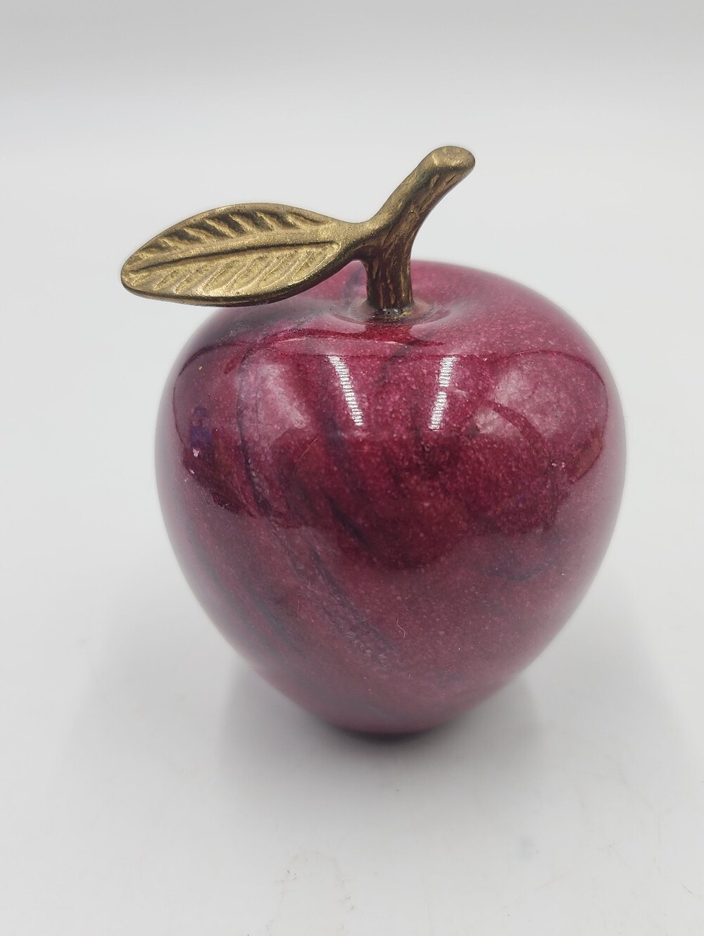Vintage Red Marble Apple Paperweight Brass Stem Leaf Figurine